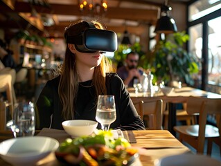 Virtual Reality Dining: A woman wearing VR headset experiences immersive dining, captivating the senses while seated at a restaurant table with a glass of water and salad.