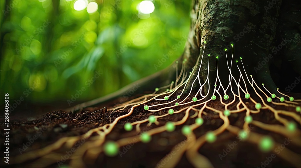 Aufkleber weathering process concept. a close-up of tree roots with glowing green nodes in a lush forest envir