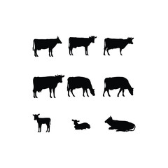 Cow and calf silhouettes isolated on white. Farm cow set vectoe illustration. 