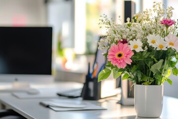 Bouquet of flowers brightening up modern office workspace