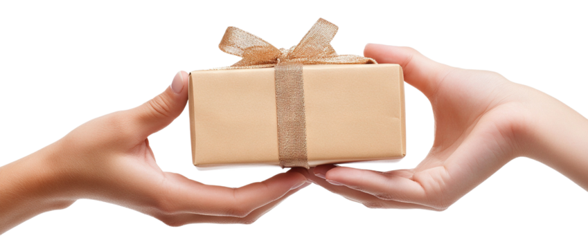 One hand giving a gift box to another, isolated on transparent cutout background