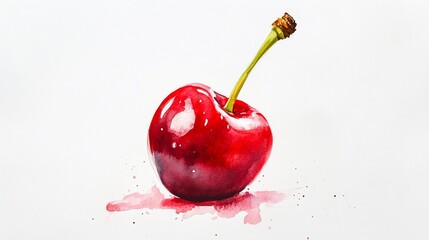 Watercolor painting of a single red cherry with its stem on a white background