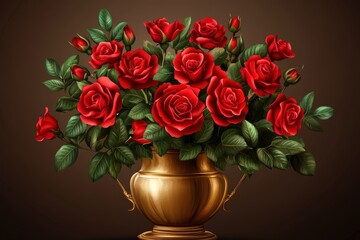 Fototapeta premium Bouquet of red roses blooming in golden vase