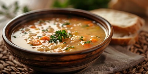 Cozy Comfort: A steaming bowl of hearty soup, adorned with fresh herbs, sits invitingly next to slices of crusty bread, a culinary still life designed to evoke warmth and satisfaction.