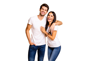 Photo of nice couple in love glad to see old friends talking different stuff wear casual clothes...