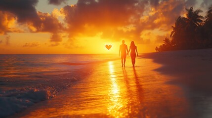 romantic beachside Valentine’s evening with couple, heart-shaped bonfire, and sunset glow