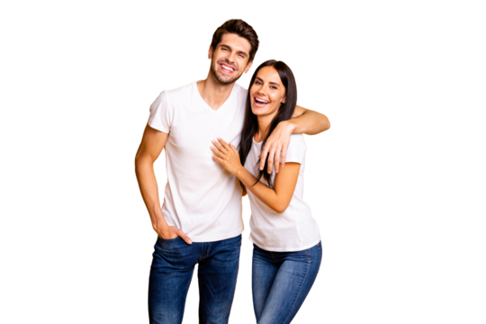Photo of nice couple in love glad to see old friends talking different stuff wear casual clothes isolated yellow color background