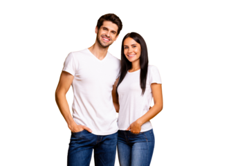 Photo of nice couple hugging ready for first working day reliable people wear casual clothes isolated yellow color background