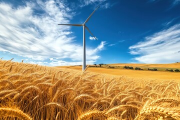 Wind turbine stands tall amidst golden wheat fields under a bright blue sky with fluffy clouds. Generative AI