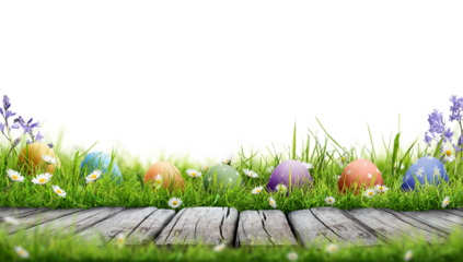 A template of seven painted easter eggs celebrating a Happy Easter with a rustic wooden bench & green meadow grass to place products in front of with a transparent background