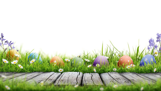 A template of seven painted easter eggs celebrating a Happy Easter with a rustic wooden bench & green meadow grass to place products in front of with a transparent background