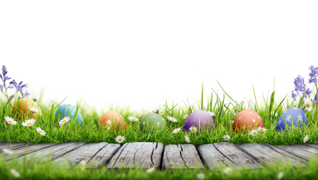 A template of seven painted easter eggs celebrating a Happy Easter with a rustic wooden bench & green meadow grass to place products in front of with a transparent background