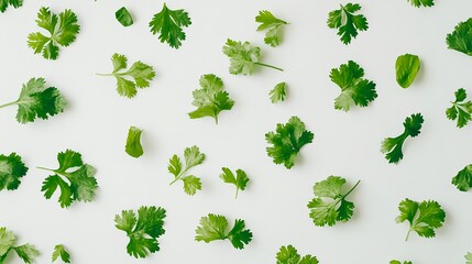 Fototapeta premium Fresh Green Cilantro Leaves Flying on White Background in Flat Lay