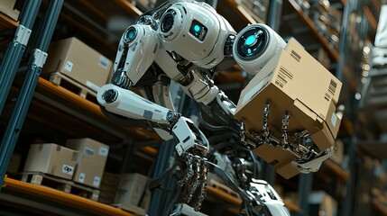 Industrial Robot Placing Boxes on Shelves in a Warehouse Environment