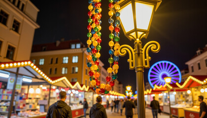 Vibrant beads adorning lamppost at holiday market night, festive cheer