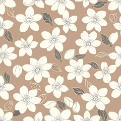 Elegant Floral Pattern: Delicate White Blossoms on Taupe Background