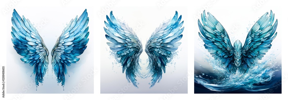 Poster Isolated collection of three artistic blue wings. Feathered appendages shown in various styles and perspectives on a white backdrop.