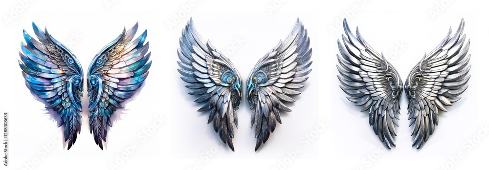 Poster isolated collection featuring three pairs of ornate wings. each pair showcases unique color palettes