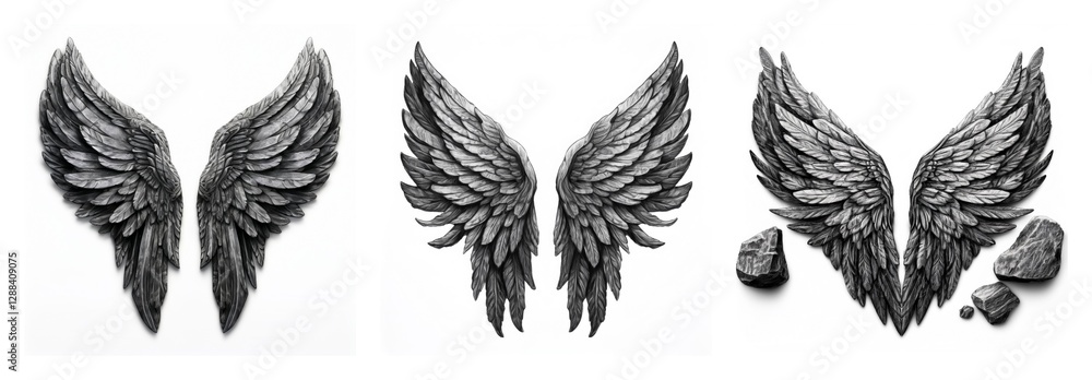 Poster isolated collection of three pairs of detailed wings, each uniquely feathered. presented in monochro