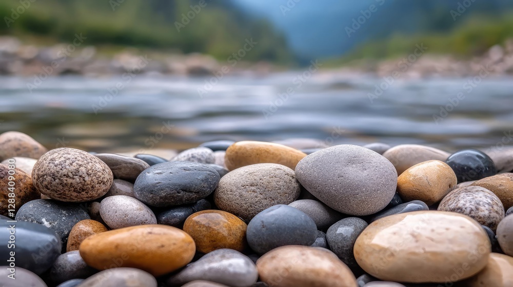 Poster weathering process concept. a serene view of smooth river stones by a tranquil flowing stream in nat
