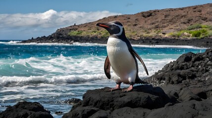 Obraz premium Galápagos Penguin Perched on Rocky Shoreline with Turquoise Ocean and Volcanic Islands