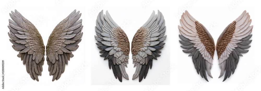 Poster isolated collection showcasing three pairs of wings. each wing set has unique feather details and va
