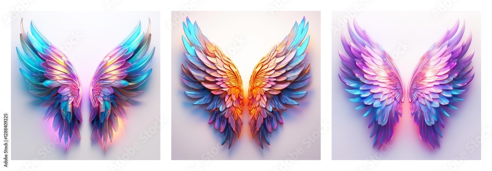 Poster isolated collection of three pairs of ethereal wings in vivid color schemes. feathered and vibrant, 