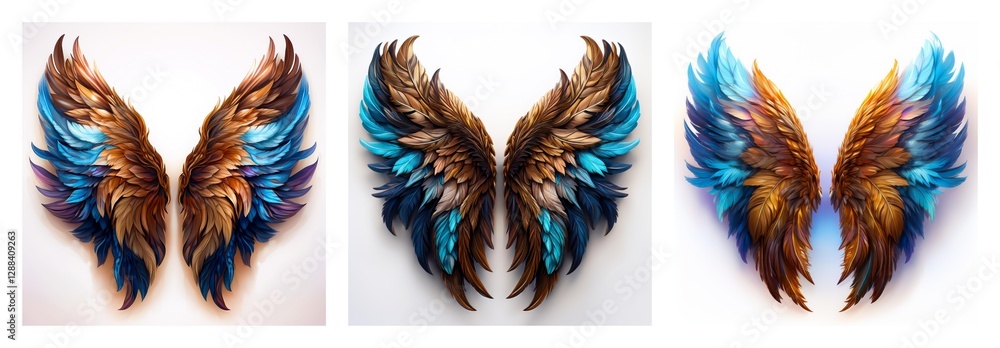 Poster isolated collection of three pairs of ornate wings. these feathered elements are vividly colored and