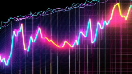 Naklejka premium Vibrant neon background displaying a stock market candlestick chart, highlighting bullish trends and market optimism.