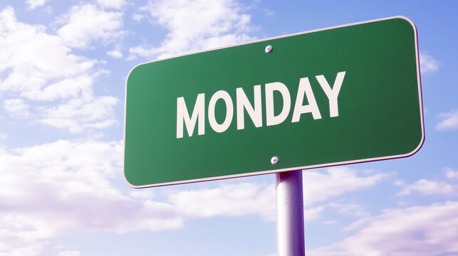 Green monday sign against clear blue sky with white clouds