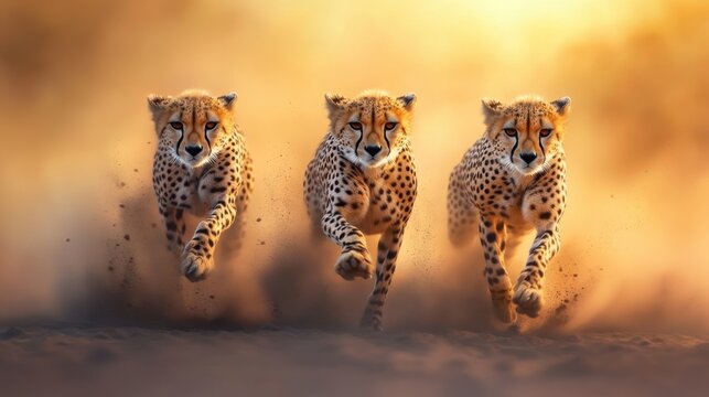 A dynamic action shot of cheetahs in full stride, framed by the warm hues of a setting sun.