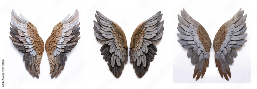 Poster Isolated collection of three pairs of wings, each with unique feather textures and varying shades, displayed against a clean white backdrop.