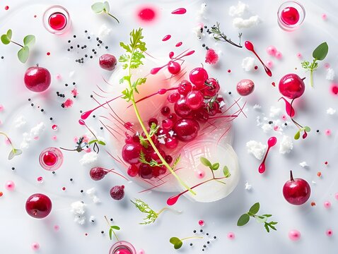 Artistic Culinary Composition: A top-down view presents an artistic arrangement of vibrant red ingredients with refreshing look