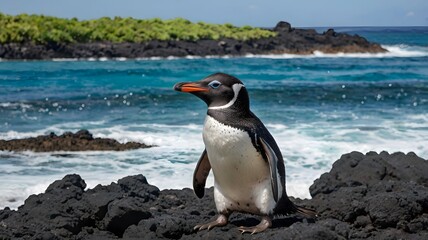 Naklejka premium Galápagos Penguin Resting on the Rocks, Surrounded by Turquoise Ocean and Majestic Islands