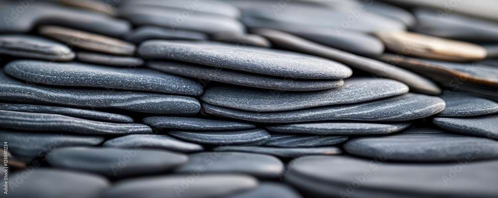 Poster Weathering process concept. A close-up view of smooth, stacked pebbles with varying shades of gray and subtle textures.