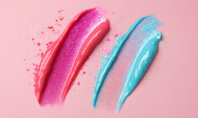 Fototapeta premium Vibrant glitter gel swatches of glitter on pastel color background, Generative AI
