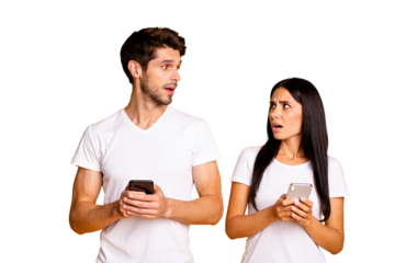 Photo of two people addicted telephones upset of bad followers reaction on new post wear casual clothes isolated yellow color background