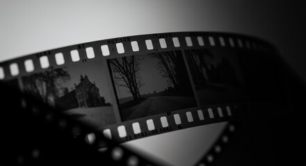 Closeup of a black and white filmstrip showcasing various scenes bare trees lining a path, a building, and an ambiguous landscape. Grainy texture and shallow depth of field are evident.