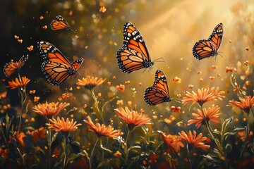 Vibrant Monarch Butterflies Dancing Among Sunlit Wildflowers in a Lush Meadow at Golden Hour