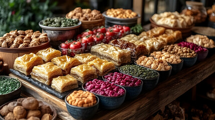 Colorful Assorted Sweet Treats Buffet Display On Wooden Table