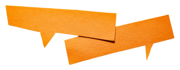 Orange rectangular blank cut out cardboard paper speech bubbles with rough edges and copy space for text on transparent png background conversation discussion design element
