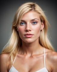 Fototapeta premium Blonde woman with blue eyes in white top.