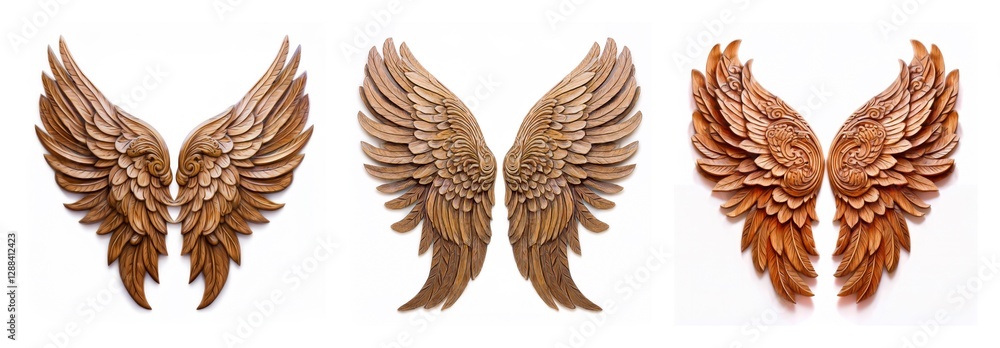 Poster isolated collection of three pairs of decorative wings in different shades of brown, presented on a 
