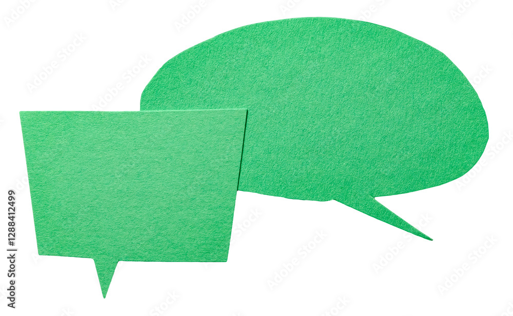 Poster Green blank cut out cardboard paper speech bubbles with rough edges and copy space for text on transparent png background conversation discussion design element