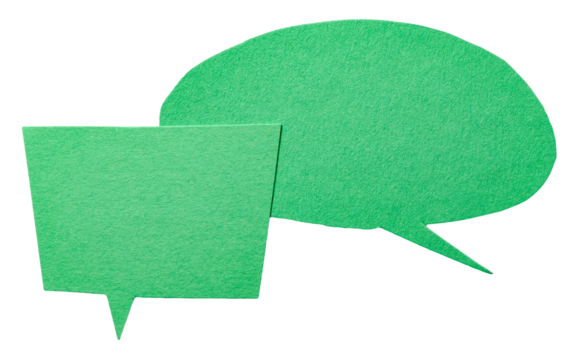 Green blank cut out cardboard paper speech bubbles with rough edges and copy space for text on transparent png background conversation discussion design element