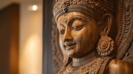 Intricate Wooden Goddess Sculpture: A Close-Up View