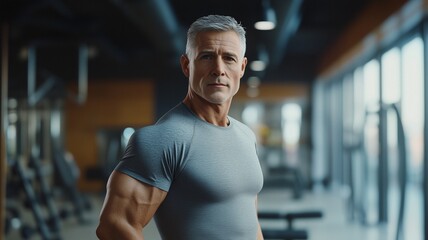 Elderly gray-haired man of athletic build 50 years old with a short haircut in a gym. Side view, looking straight ahead and smiling. senior fitness