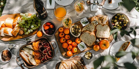 Artisanal Picnic Spread: A high-angle view showcases a vibrant and inviting array of culinary delights on a checkered blanket. Sliced bread, juicy oranges, green olives.