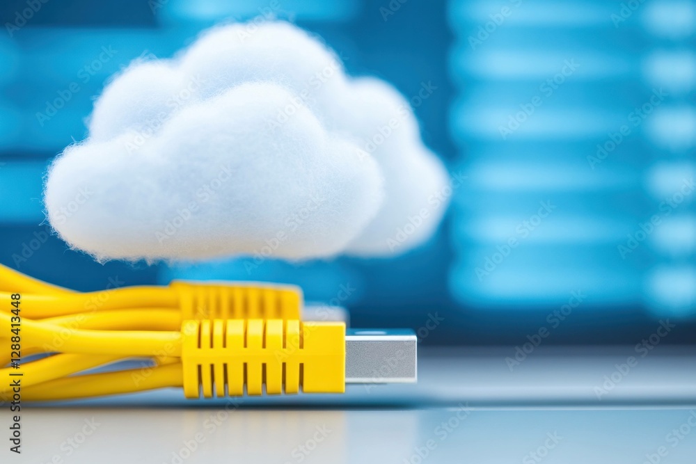 Poster close up of yellow ethernet cables connecting to a cloud concept, symbolizing data transfer and clou