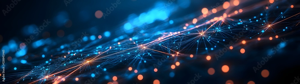 Poster Futuristic digital network connections information flow and luminous data particles with shimmering lights bright colors and dynamic motion  Abstract technology cyber and high tech background